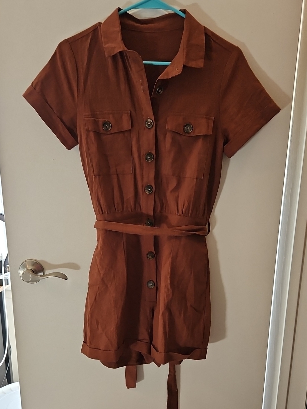 Short Sleeve One-Piece Romper in Rust Brown